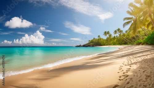 beach with palm trees  summer beach scene with golden sands azure waters and a clear blue sky invoking a sense of tranquility and relaxation