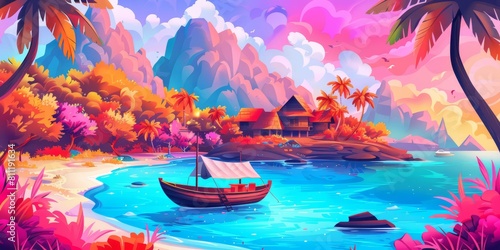 Vibrant tropical paradise illustration with sailboat, palm trees, and colorful autumn foliage against backdrop of mountains and calm sea.