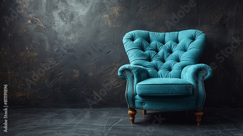 Vintage armchair in a dark living room interior, free copy space for text ads photo