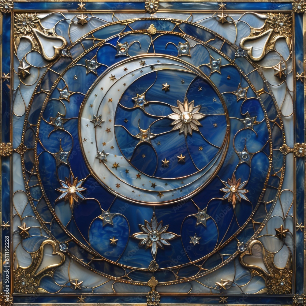 Stained Glass of A moon and star indigo blue background, stars around, white gold foil border. ai generated