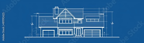 A simple line drawing of an architectural house on a blue background Generative AI