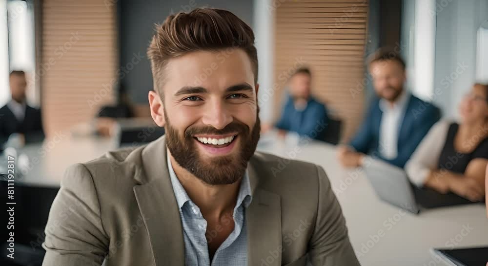 A portrait of a young man in an office setting showcases his leadership qualities. With a smiling face, he exudes confidence as the team leader. As a business executive and CEO, he has achieved succes A portrait of a young man in an office setting showcases his leadership qualities. With a smiling face, he exudes confidence as the team leader. As a business executive and CEO, he has achieved succes