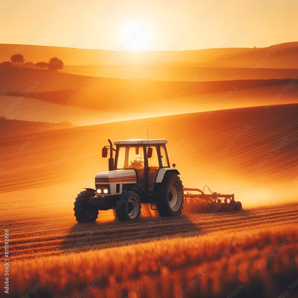 Obraz premium tractor working under sunset
