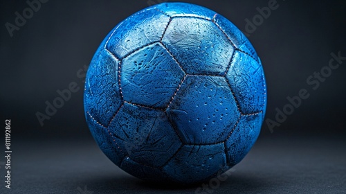 Bright blue soccer ball on a stark black backdrop ideal for sports equipment marketing with dynamic contrast photo