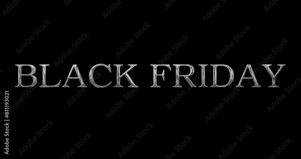 Black Friday text golden metallic typographic animation overlay asset. Announcement sale discount coupon tag deals offers savings and promotions Cyber Monday weekend sales discount ad banner.