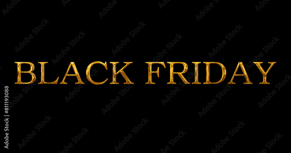 Fototapeta premium Black Friday text golden metallic typographic animation overlay asset. Announcement sale discount coupon tag deals offers savings and promotions Cyber Monday weekend sales discount ad banner.