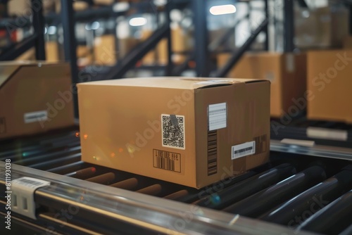 A brown cardboard box with a barcode on it is sitting on a conveyor belt