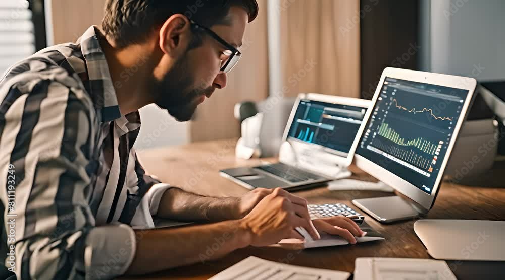 At the office desk, the project manager is carefully analyzing the statistical plan by referring to an application report on their laptop. Simultaneously, a dedicated company employee is utilizing a w At the office desk, the project manager is carefully analyzing the statistical plan by referring to an application report on their laptop. Simultaneously, a dedicated company employee is utilizing a w