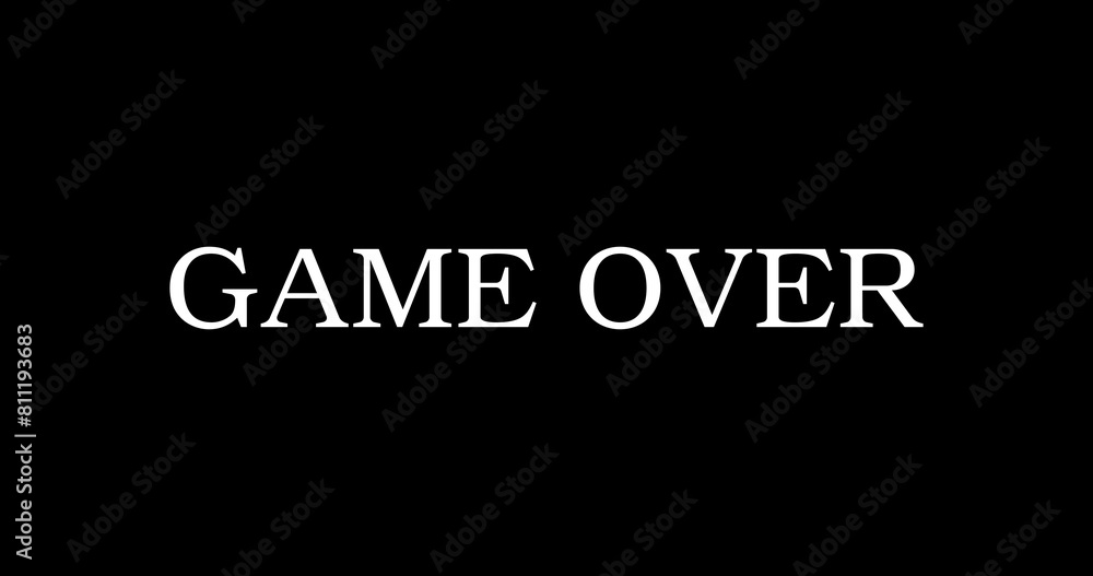 Game over golden metallic typography text animation. Game over screen text animation clip overlay fx. Final finish progress simple graphic add message icon electronic interface play more ad.