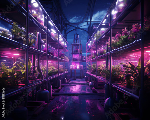 A futuristic greenhouse with purple lighting and a starry night sky. Plants are growing in shelves along the walls. There is a walkway down the center of the greenhouse.