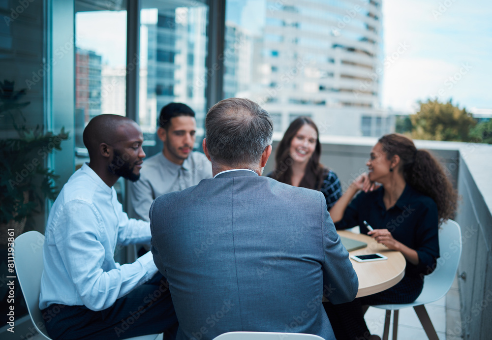 Fototapeta premium People, business meeting and teamwork together outside, employees and discussion for company project. Rooftop, brainstorming and ideas for corporate agency or workplace with innovation in Germany.