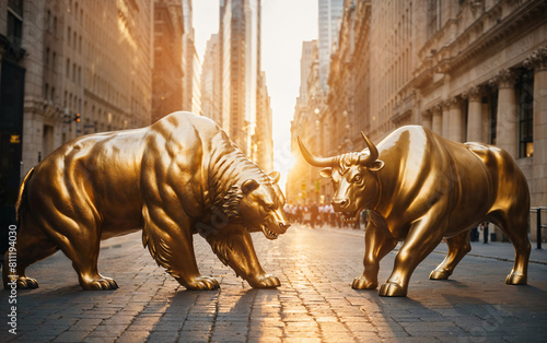 clash of golden bull and bear market stock exchange concept financial district