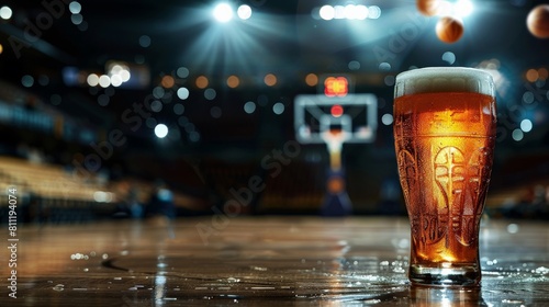 A glass of beer sits on a basketball court with basketballs bouncing around.