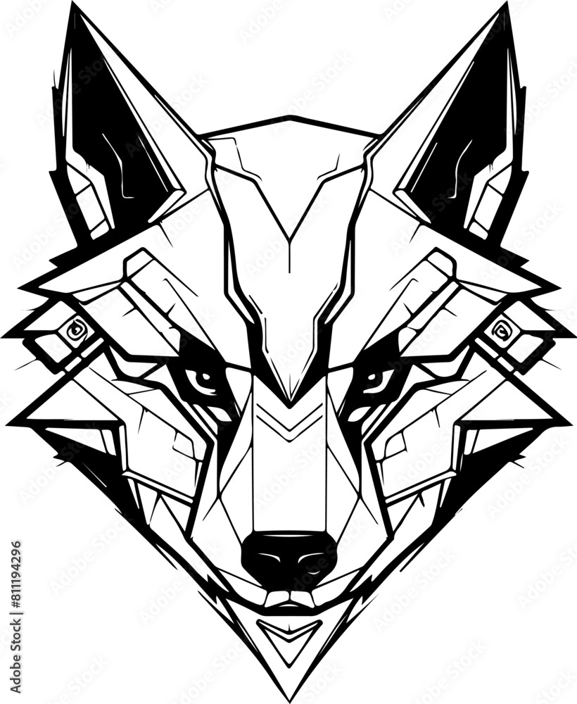 Fototapeta premium A black and white drawing of a wolf. The wolf has a menacing look on its face. Concept of danger and power. Futuristic, cyber wolf head logo template.