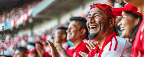 Peruvian football soccer fans in a stadium supporting the national team, La Blanquirroja
 photo
