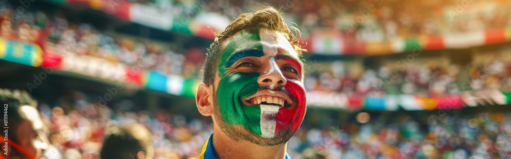 Mexican football soccer fans in a stadium supporting the national team, Face painted in flag colors, El Tricolor
Mexican football soccer fans in a stadium supporting the national team, Face painted in flag colors, El Tricolor