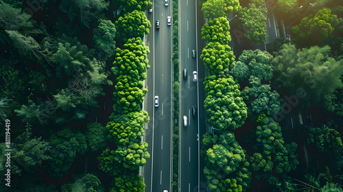 Aerial view of the road in the forest. Cars on the road. © javu