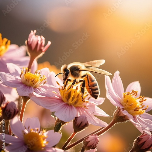 Sunny weather, bee sitting on a blooming flower 화창한 날씨, 활짝 핀 꽃 위에 앉아 있는 꿀벌 © HyungWoo