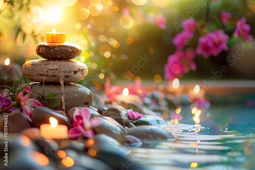 A stone structure with candles on top of it is surrounded by pink flowers