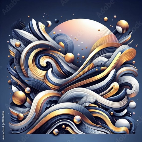 An exquisite abstract design illustration in high-definition 4K resolution, featuring a luxurious blend of silver and gold with colorful accents, ideal for sophisticated creative, Generative AI