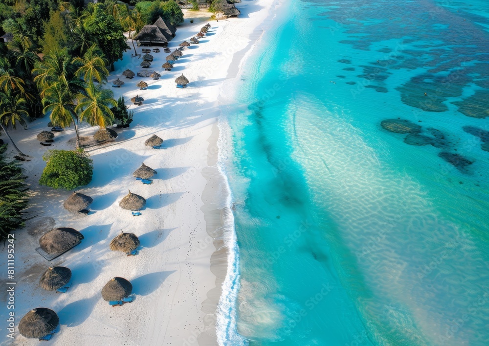 Aerial view of a white sandy beach with palm trees and a blue lagoon in Zanzibar, Tanzania, at sunset. A beautiful summer vacation background. The view is in the style of a travel concept.