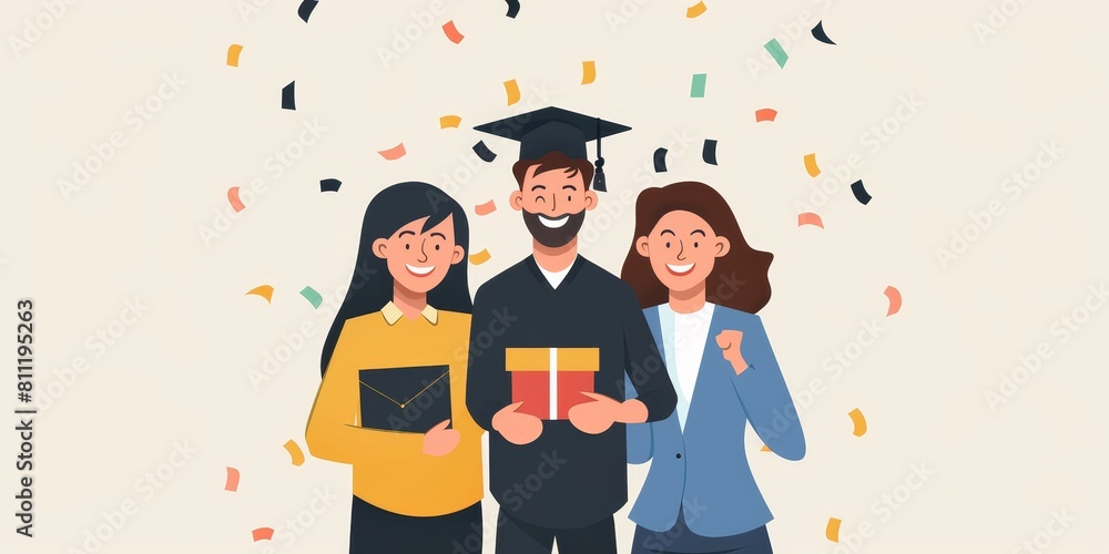 Obraz premium A cartoon of a man and two women holding graduation presents. The man is wearing a black graduation cap and gown. The woman on the left is holding a book and the woman on the right is holding a box