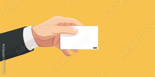 A hand holding a white business card. The card is rectangular and has a black border. Concept of professionalism and formality