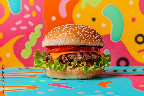 A hamburger with lettuce and tomato on a colorful background
