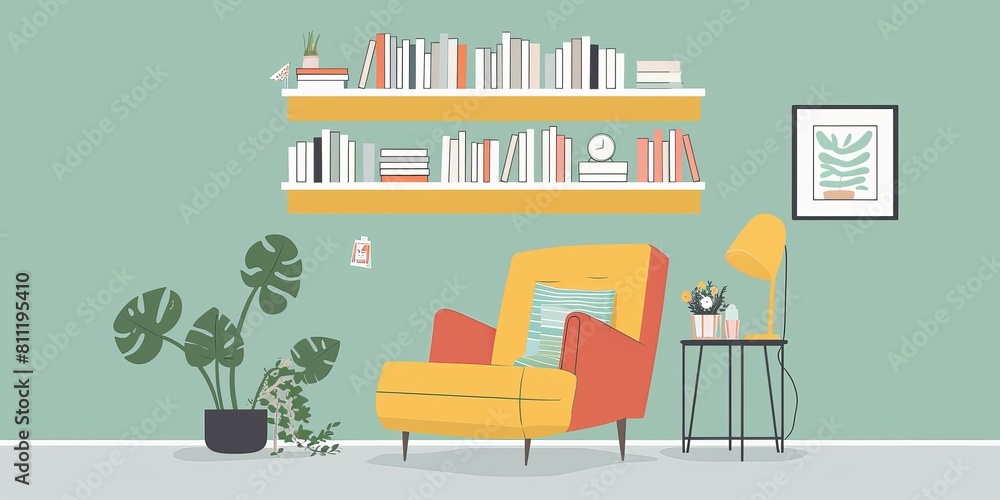 A cartoonish illustration of a living room with a yellow chair, a lamp, and a potted plant A cartoonish illustration of a living room with a yellow chair, a lamp, and a potted plant