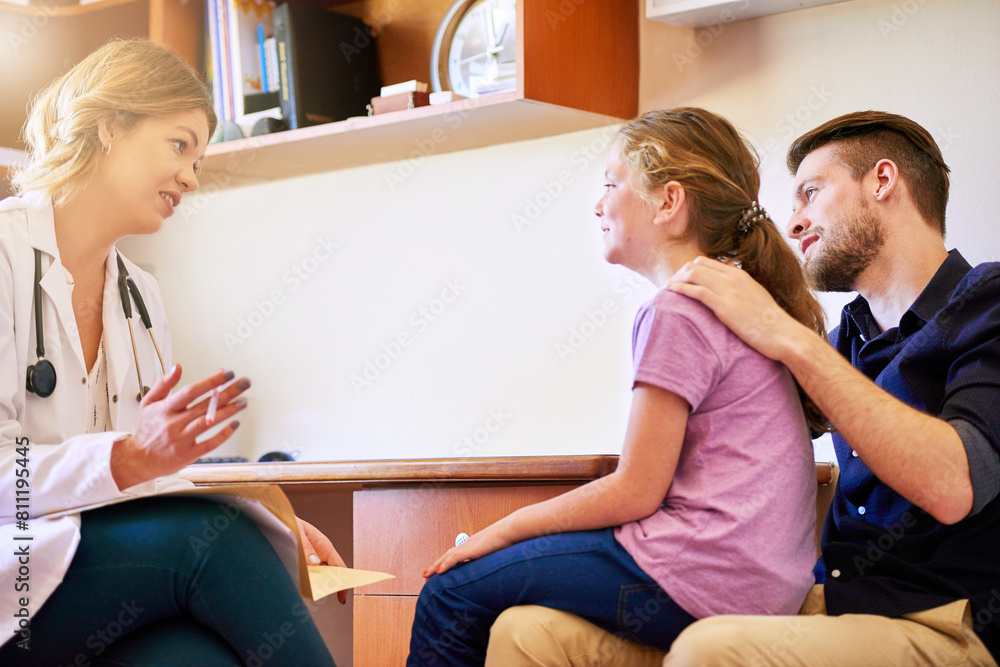 Doctor, child and father in consultation for healthcare with paperwork, medical history and health support. Pediatrician, girl and dad with medicare for prescription, helping and happy with results Doctor, child and father in consultation for healthcare with paperwork, medical history and health support. Pediatrician, girl and dad with medicare for prescription, helping and happy with results