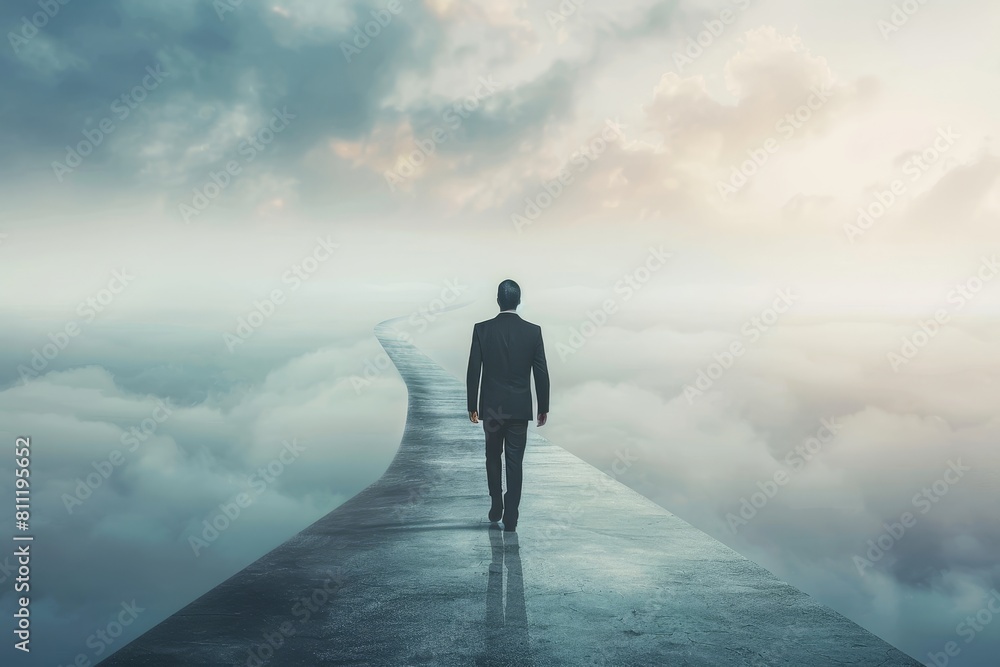 A man is walking down a long, narrow path in the clouds
