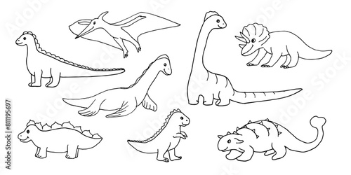 Set of doodle illustrations of dinosaurs isolated on white background. Drawings of children s characters  reptiles. Diplodocus  armadillo  velociraptor  lizards  waterfowl prehistoric animal.