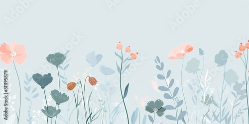 A painting of a field of flowers with a blue sky in the background. The flowers are in various shades of pink and green, and the sky is a light blue color. The painting conveys a sense of calm