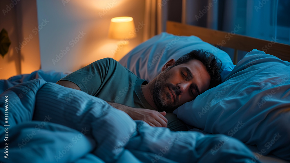 Man sleeps alone in a comfortable bed with the light on. Rest, sleep, and relaxation Man sleeps alone in a comfortable bed with the light on. Rest, sleep, and relaxation