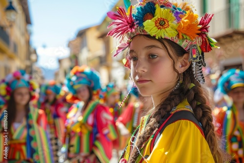 Young girls in vibrant costumes participating in a festive parade in a charming small town, A festive parade in a charming small town, with marching bands and colorful floats © Iftikhar alam