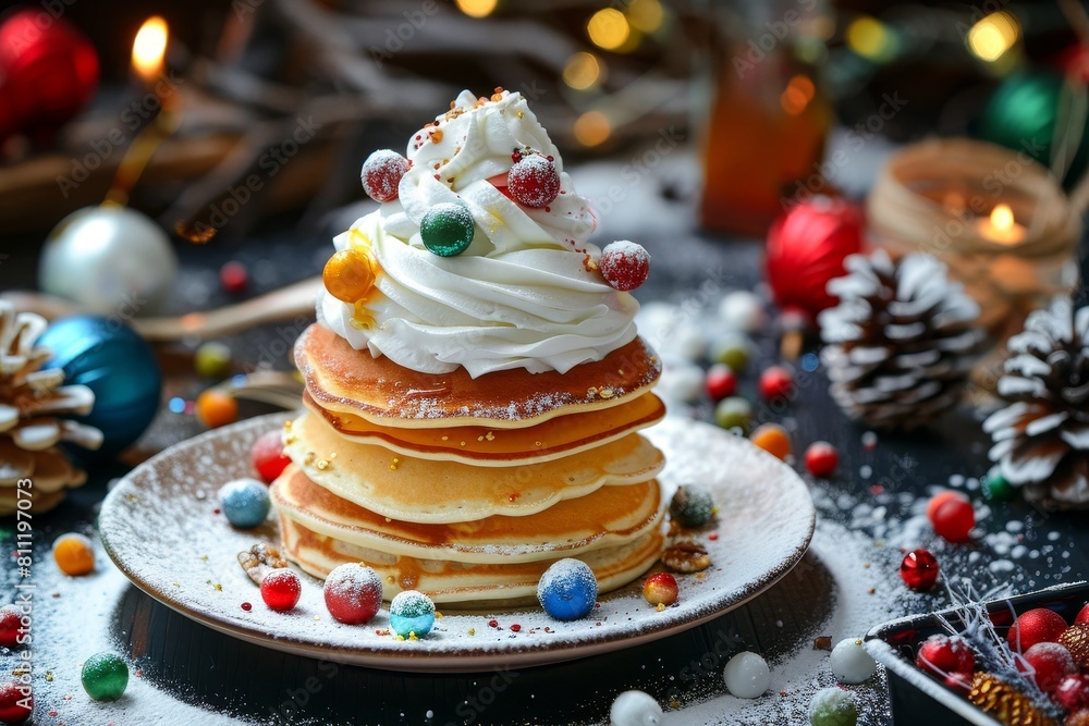 A colorful stack of pancakes topped with white frosting on a plate, A festive table with a pile of colorful pancakes and whipped cream A colorful stack of pancakes topped with white frosting on a plate, A festive table with a pile of colorful pancakes and whipped cream