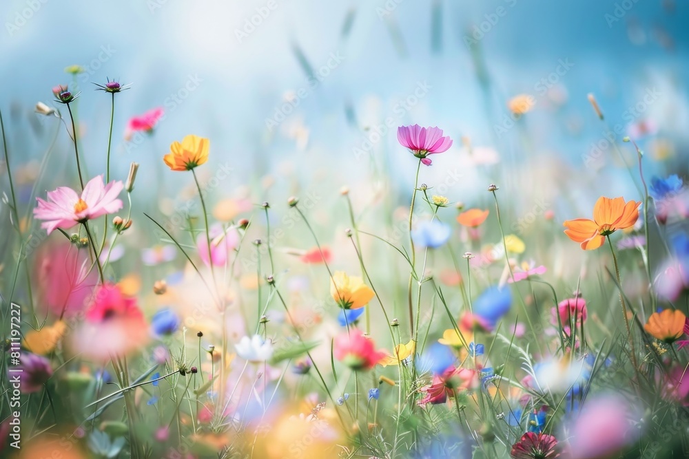 Colorful wildflowers covering a field under a clear blue sky, A field of colorful wildflowers swaying in the gentle breeze Colorful wildflowers covering a field under a clear blue sky, A field of colorful wildflowers swaying in the gentle breeze