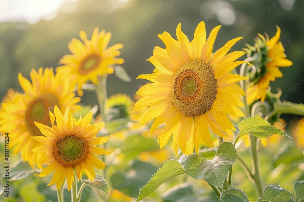 Fototapeta premium A field of bright yellow sunflowers with the sun shining in the background, A field of bright yellow sunflowers swaying in the breeze