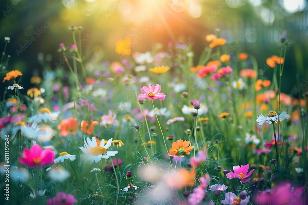 Fototapeta premium Colorful flowers cover the field, swaying in the sunlight, A field of colorful wildflowers swaying in the gentle breeze
