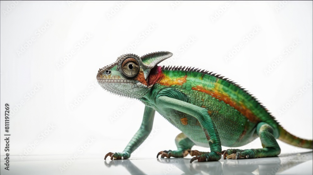 Obraz premium Beautiful chameleon on a white background.