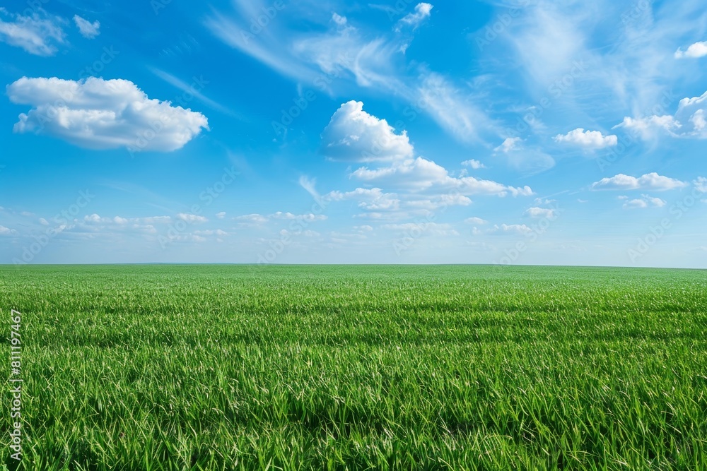 A large expanse of lush green grass extends under a clear blue sky, A field of grass stretching as far as the eye can see, creating a peaceful landscape A large expanse of lush green grass extends under a clear blue sky, A field of grass stretching as far as the eye can see, creating a peaceful landscape