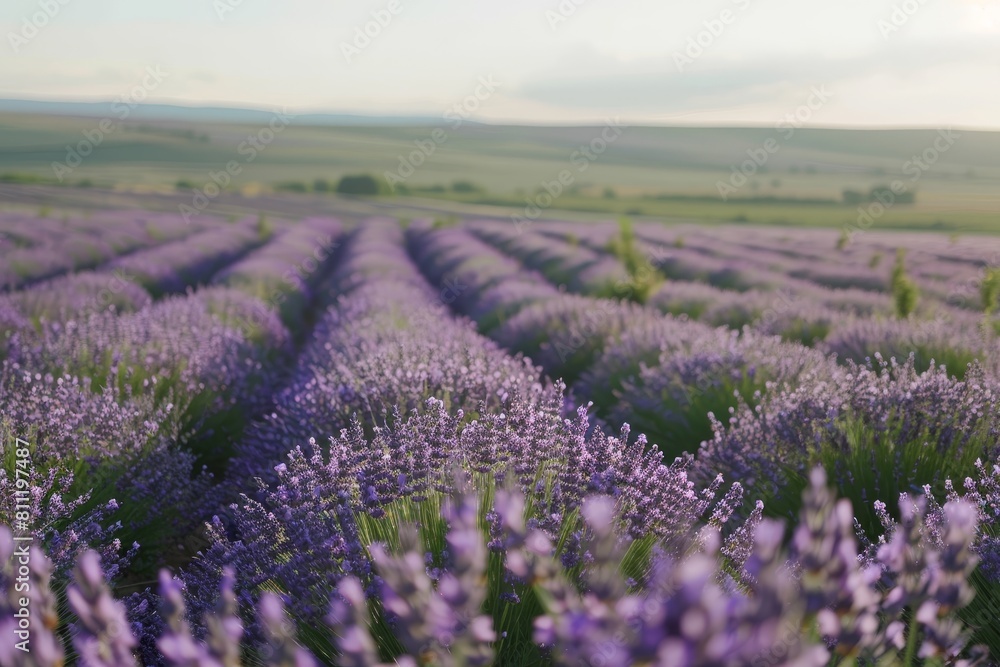 Fototapeta premium Lavender flowers bloom in a vast field under a clear sky, A field of lavender stretching into the horizon