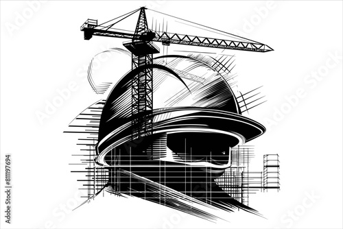 Construction safety helmet and construction working man silhouette bundle