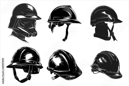Construction safety helmet and construction working man silhouette bundle