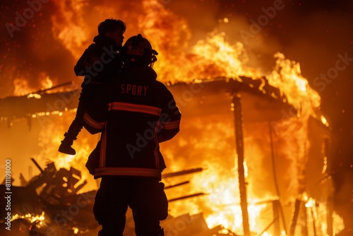 A firefighter holding a child in front of a raging fire, ensuring their safety and rescue, A firefighter carrying a child to safety from a burning building © Iftikhar alam