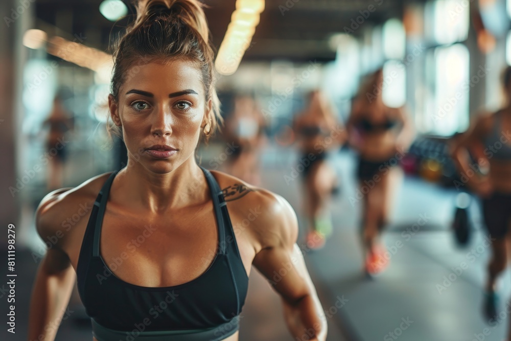 A woman in a sports bra top is running, A fit and toned individual guiding others towards their fitness goals A woman in a sports bra top is running, A fit and toned individual guiding others towards their fitness goals