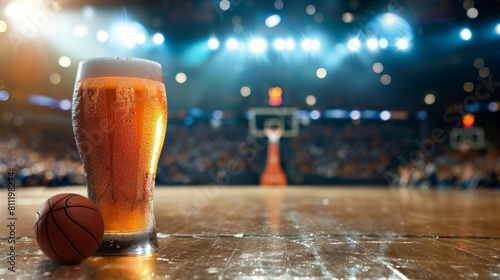 A basketball and a glass of beer on the basketball court photo