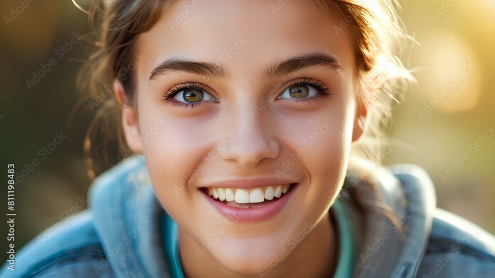 Amazed teenager with Wide-open eyes, broad smile. A young woman with green eyes and a blue hoodie is smiling. She has a bright, happy expression on her face Amazed teenager with Wide-open eyes, broad smile. A young woman with green eyes and a blue hoodie is smiling. She has a bright, happy expression on her face