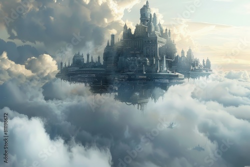 A castle perched high above the clouds against a blue sky background, A floating city hovering above the clouds