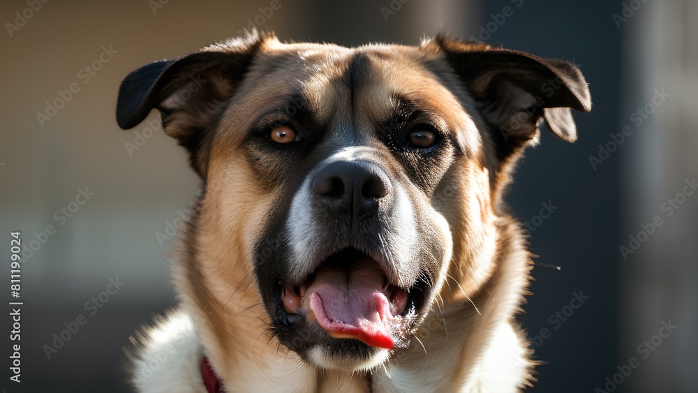 Obraz premium Angry dog with Furrowed brows, sharp gaze, mouth possibly tightly closed. A dog with a tongue sticking out and a black nose. The dog is brown and white